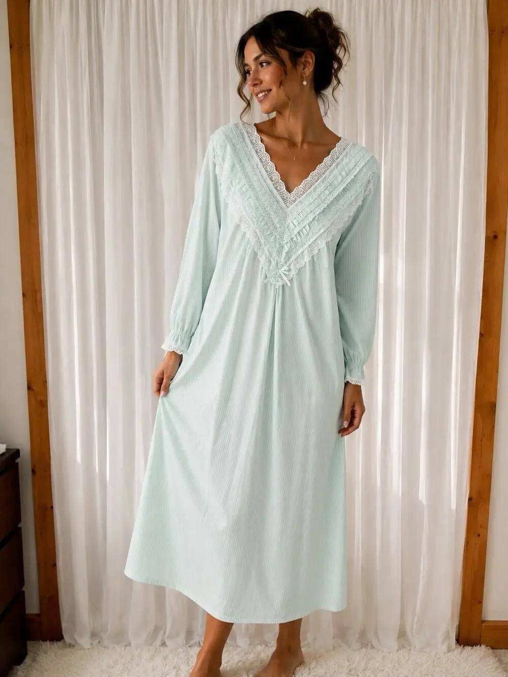 Vintage NWT Soft Mint Green Stripe Lace Trim Cottagecore Cozy Nightgown Sz L